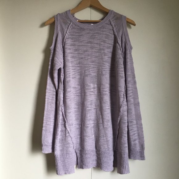 Pastel Purple Fringed Cold Shoulder Knit Sweater - Picture 1 of 15